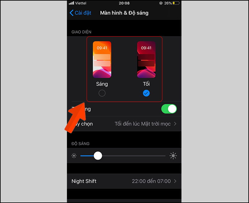 Chọn Chế độ Sáng hoặc Tối tùy theo nhu cầu của bạn.